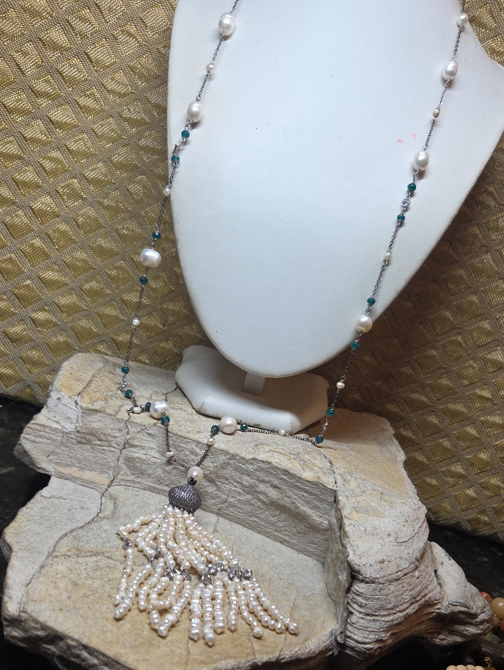 925 Sterling Silver Tassel Freshwater White Pearl Necklace Emerald Accents